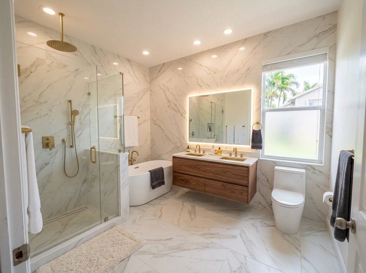 Walk-in shower bathroom with double vanity and gold fixtures