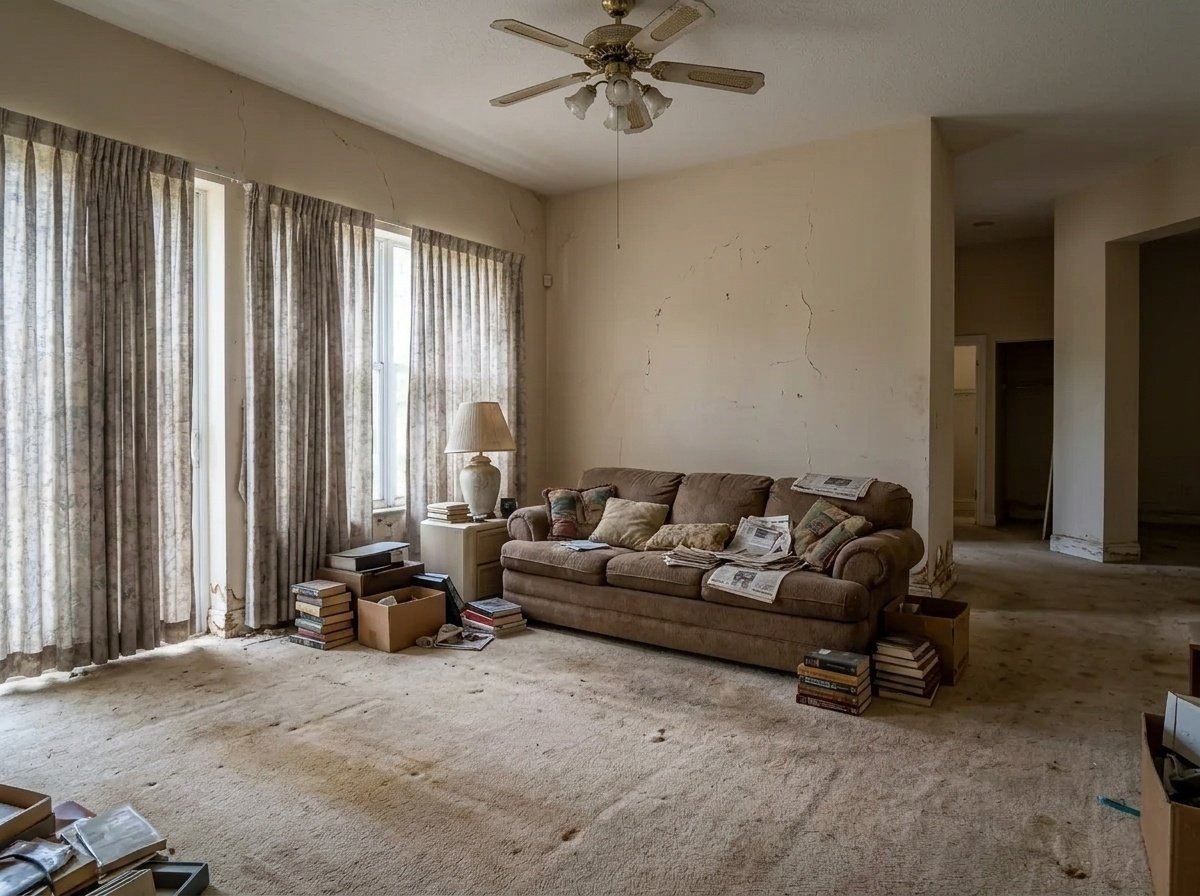 Large-format tile flooring in an open-plan home
