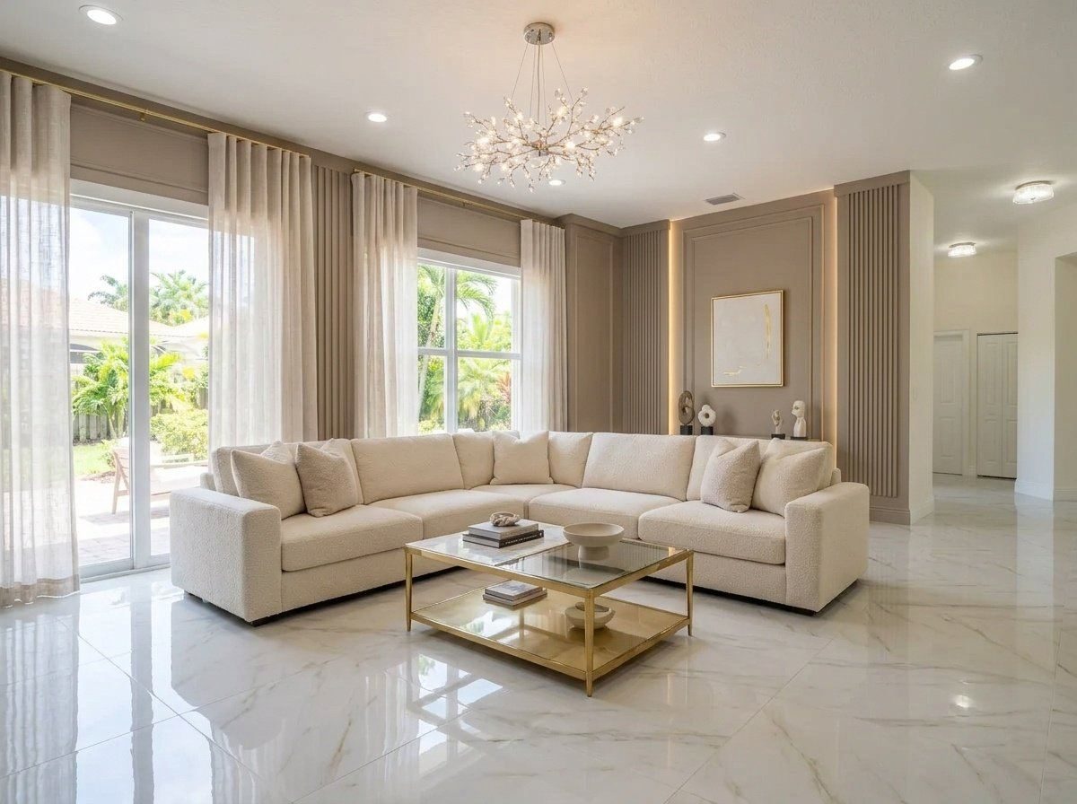 Polished porcelain tile floor in a renovated living space
