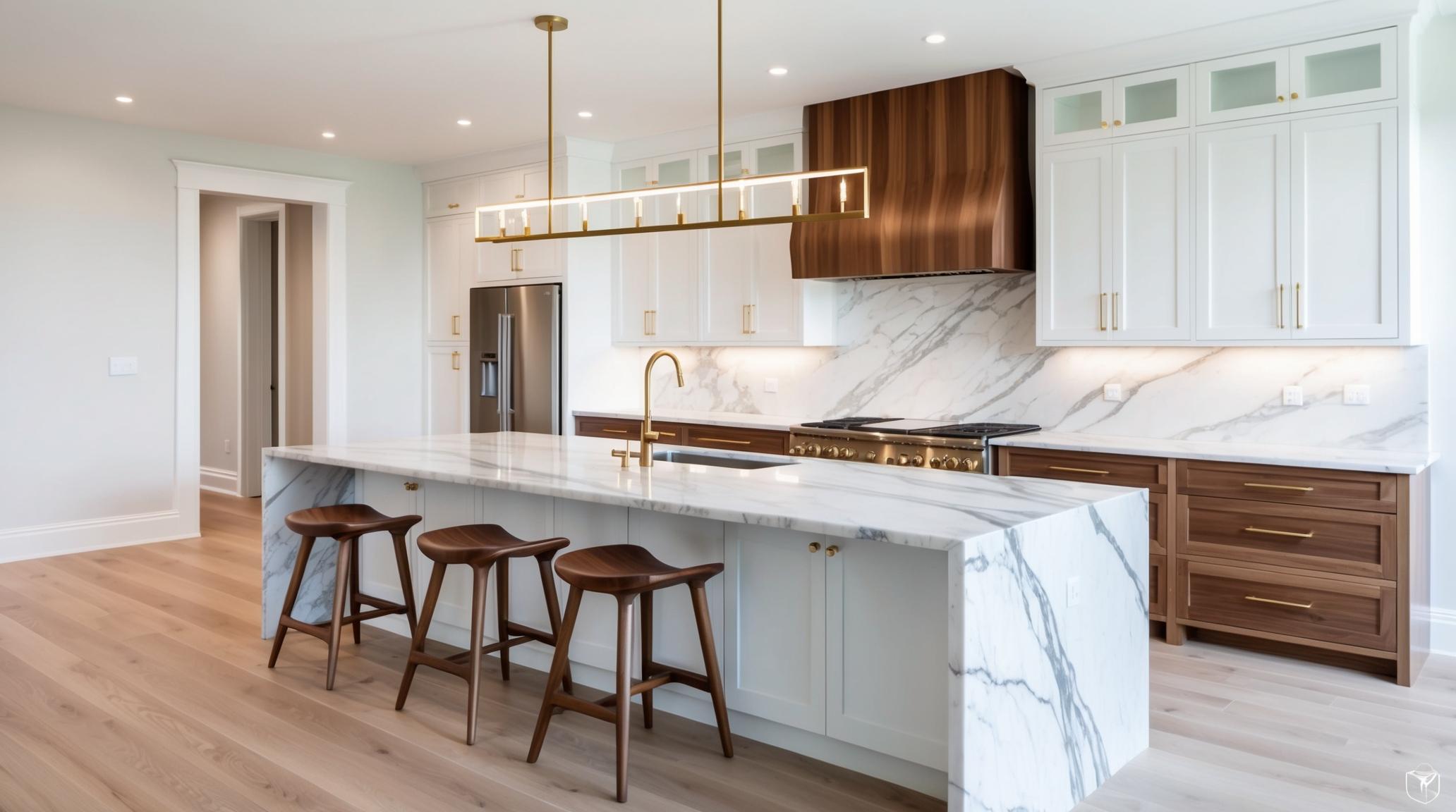 After Marble Waterfall Kitchen
