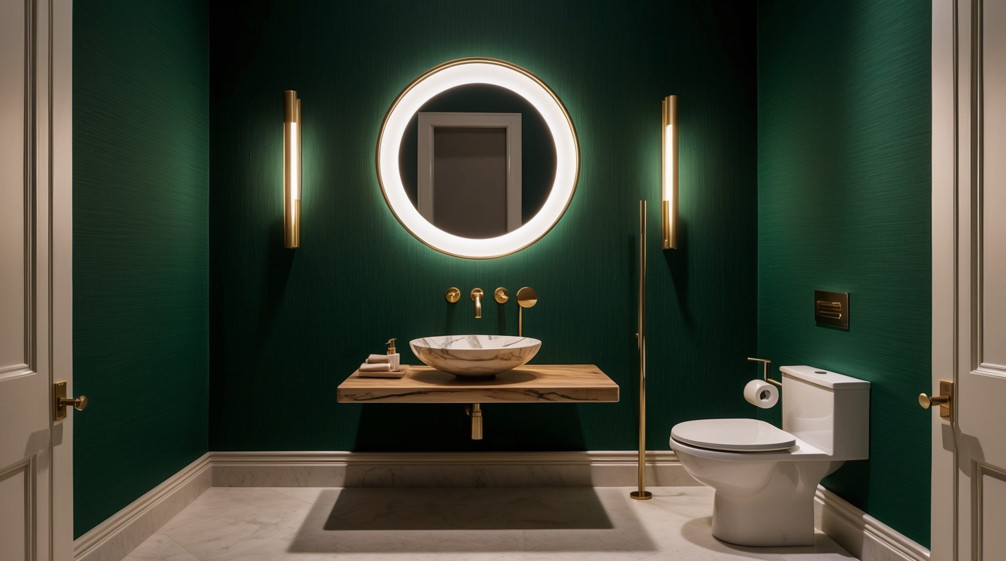 Powder room in Delray Beach FL — emerald walls and wall-hung toilet