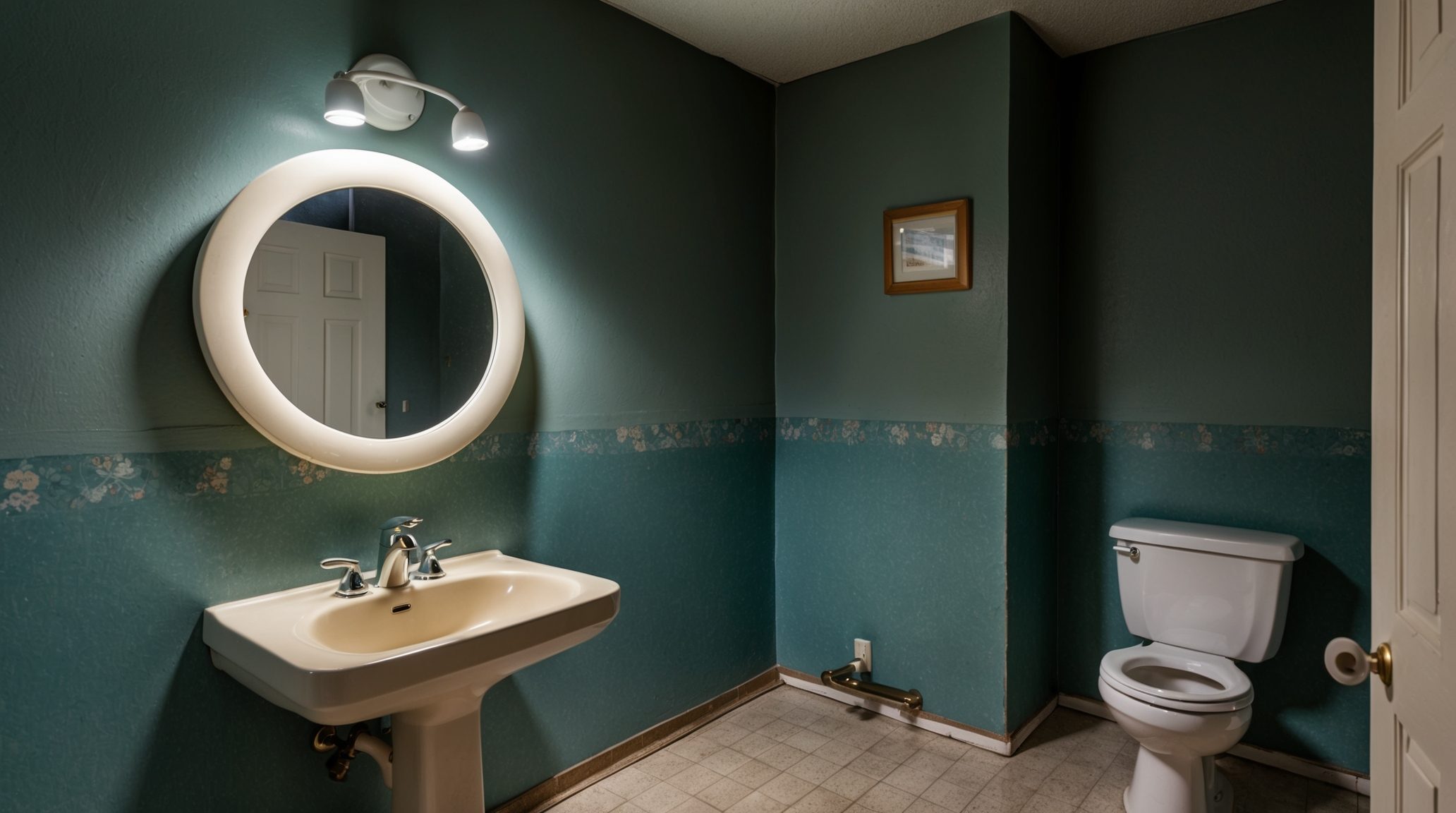 Before: dated powder room in Delray Beach FL with pedestal sink