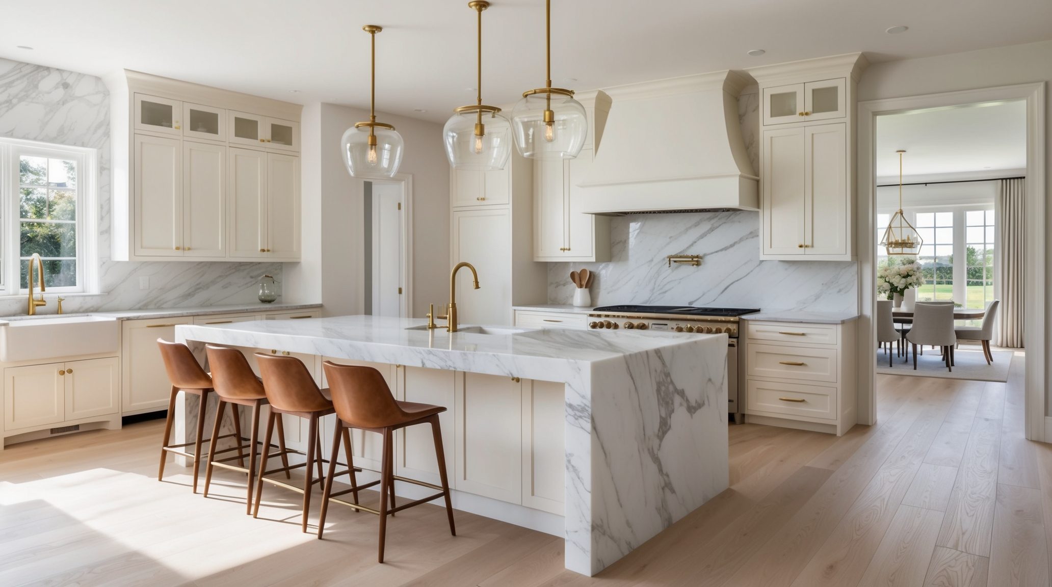 Modern open kitchen in Fort Lauderdale FL — marble waterfall island and brass pendants