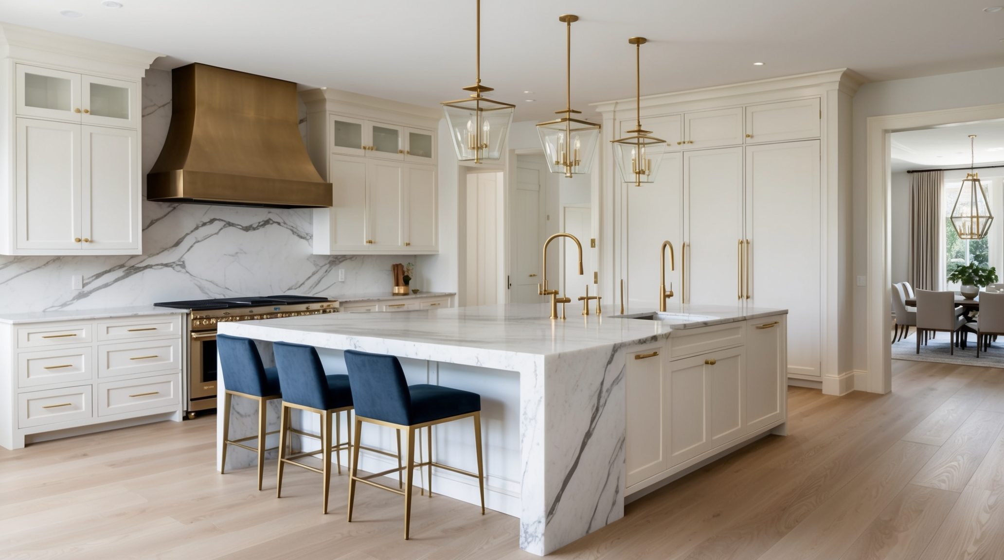 Modern open kitchen in Fort Lauderdale FL — marble waterfall island and bronze hood