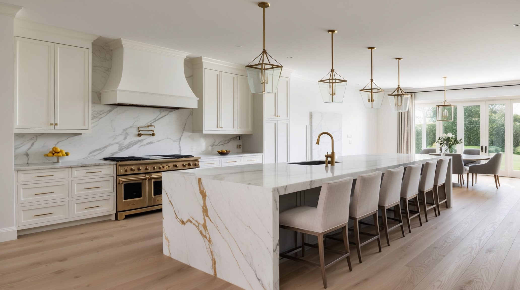 Modern open kitchen in Fort Lauderdale FL — long marble island with seating