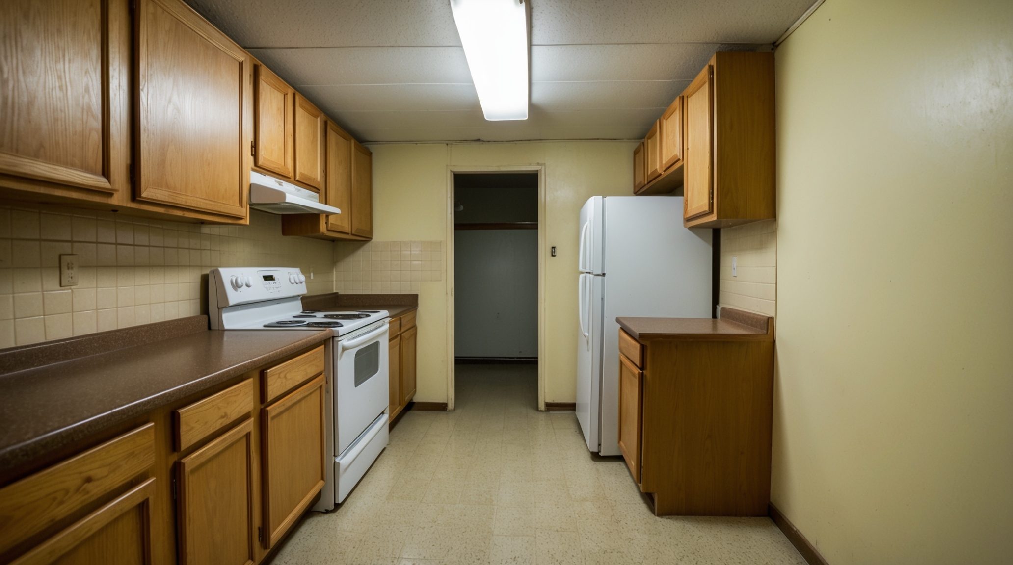 Before: dated 1990s closed-off galley kitchen in Fort Lauderdale FL with oak cabinets