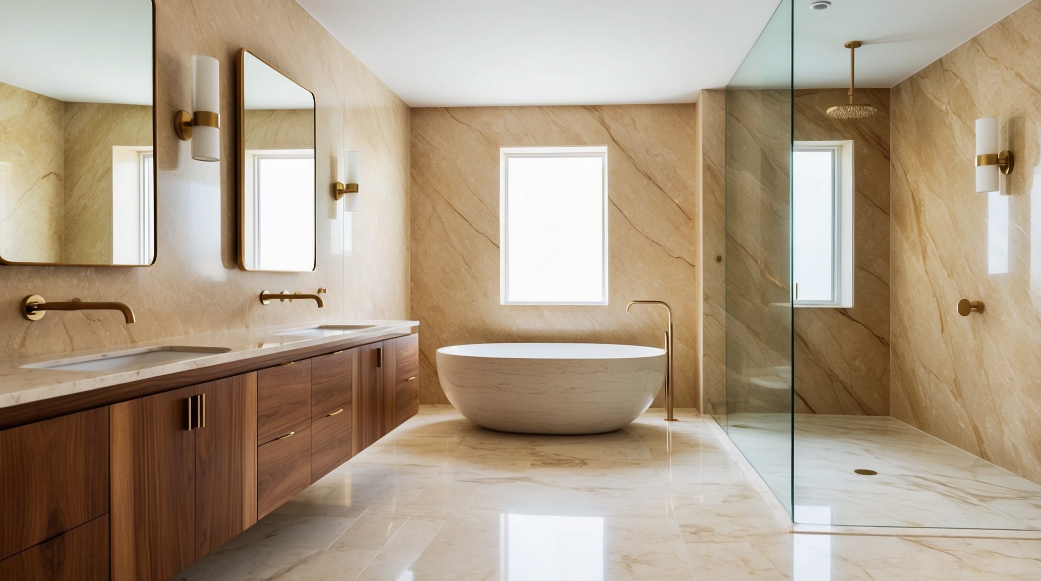 Spa master bathroom in Wilton Manors FL — vanity and freestanding tub