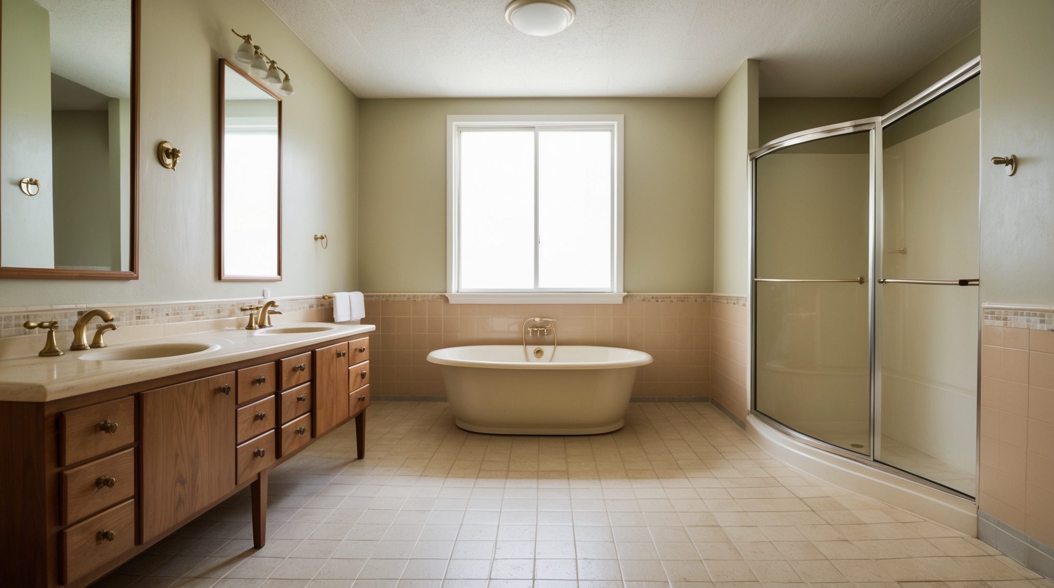 Before: dated 1990s master bathroom in Wilton Manors FL with oak vanity and alcove tub