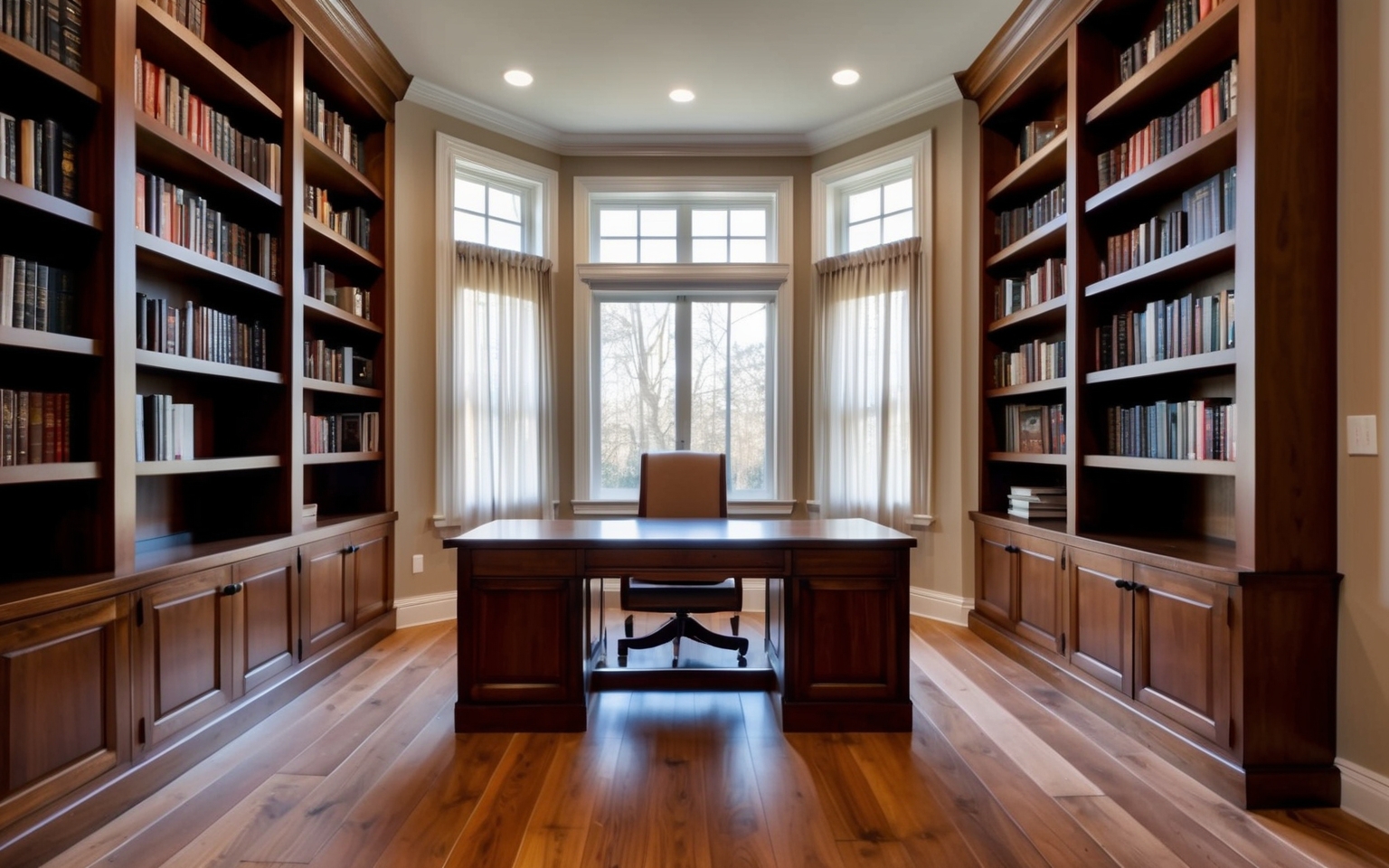 Home office and library addition with floor-to-ceiling built-in bookcases