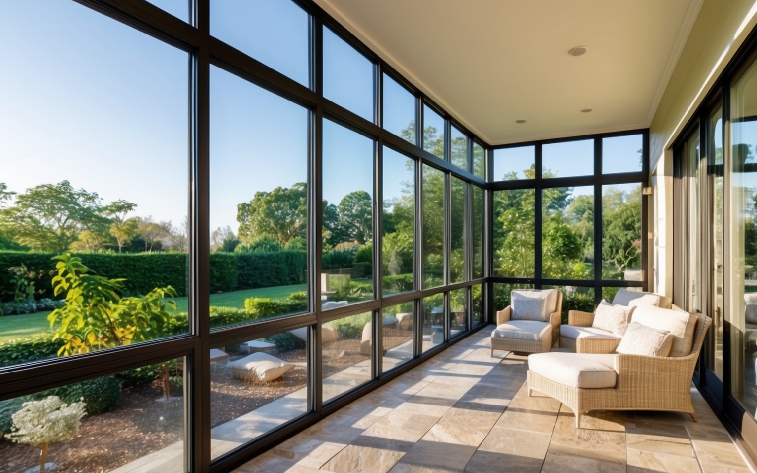 Bright glass-walled sunroom addition with garden views