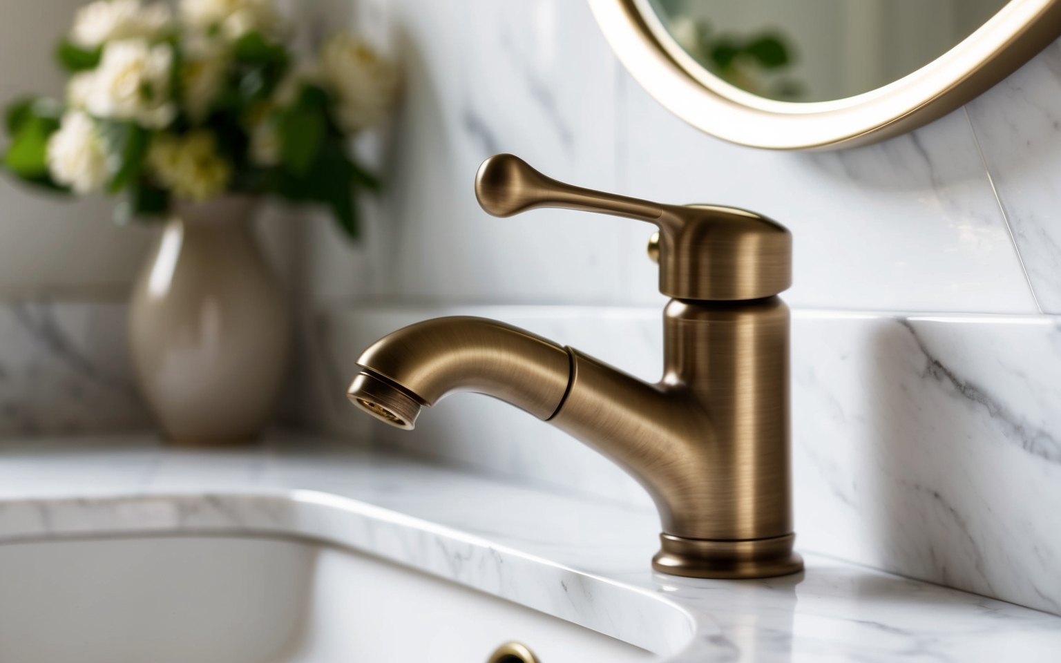 Brass bathroom faucet on a white marble vanity countertop