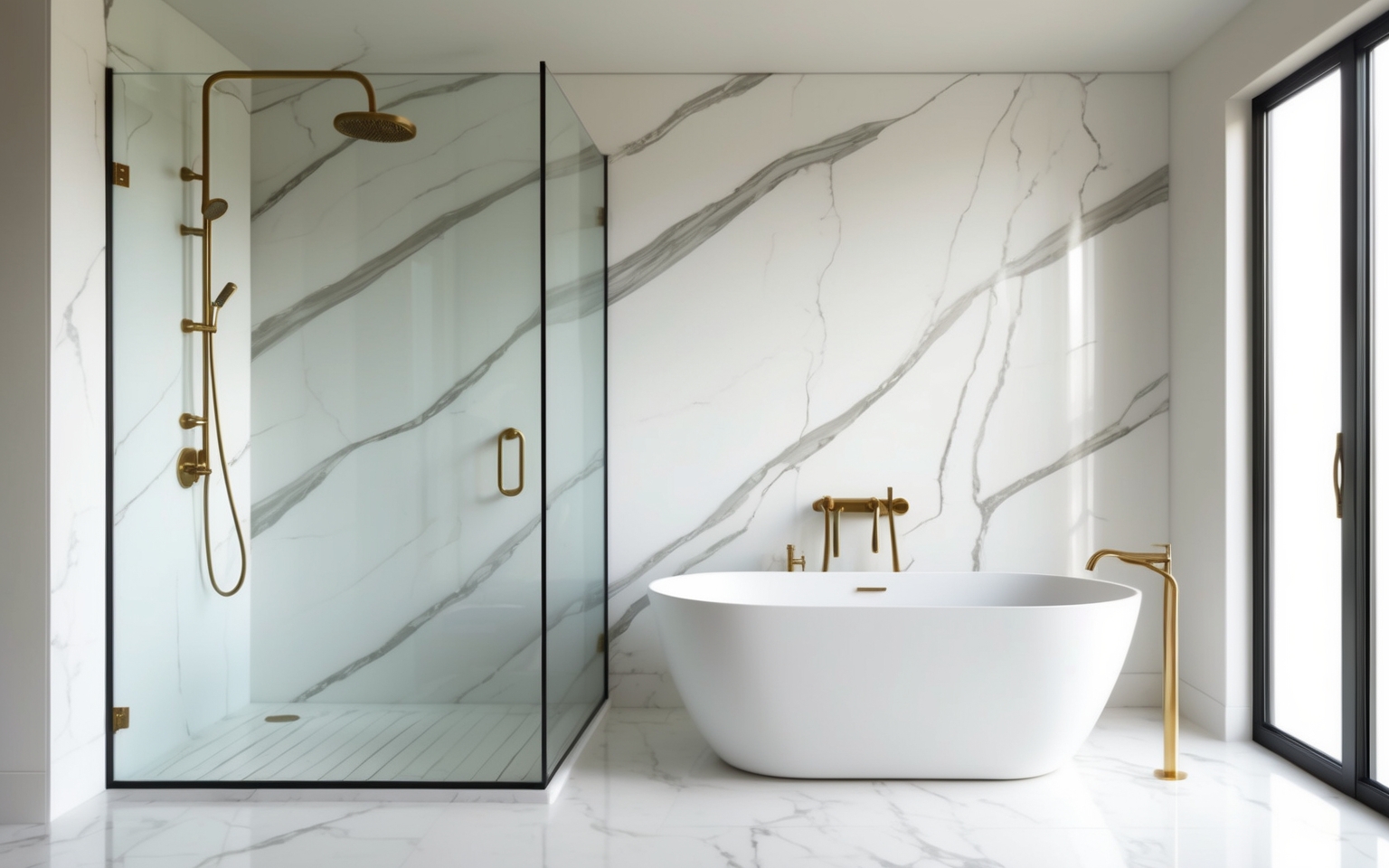 Frameless glass walk-in shower beside a freestanding tub in marble