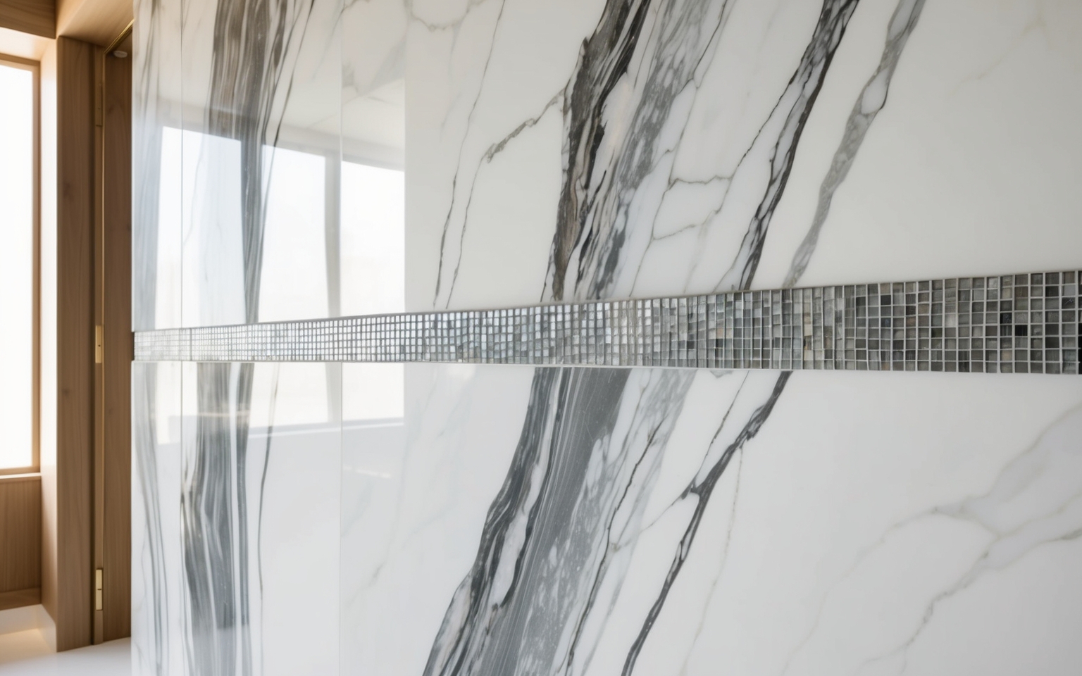 Book-matched Calacatta marble slab wall with mosaic accent