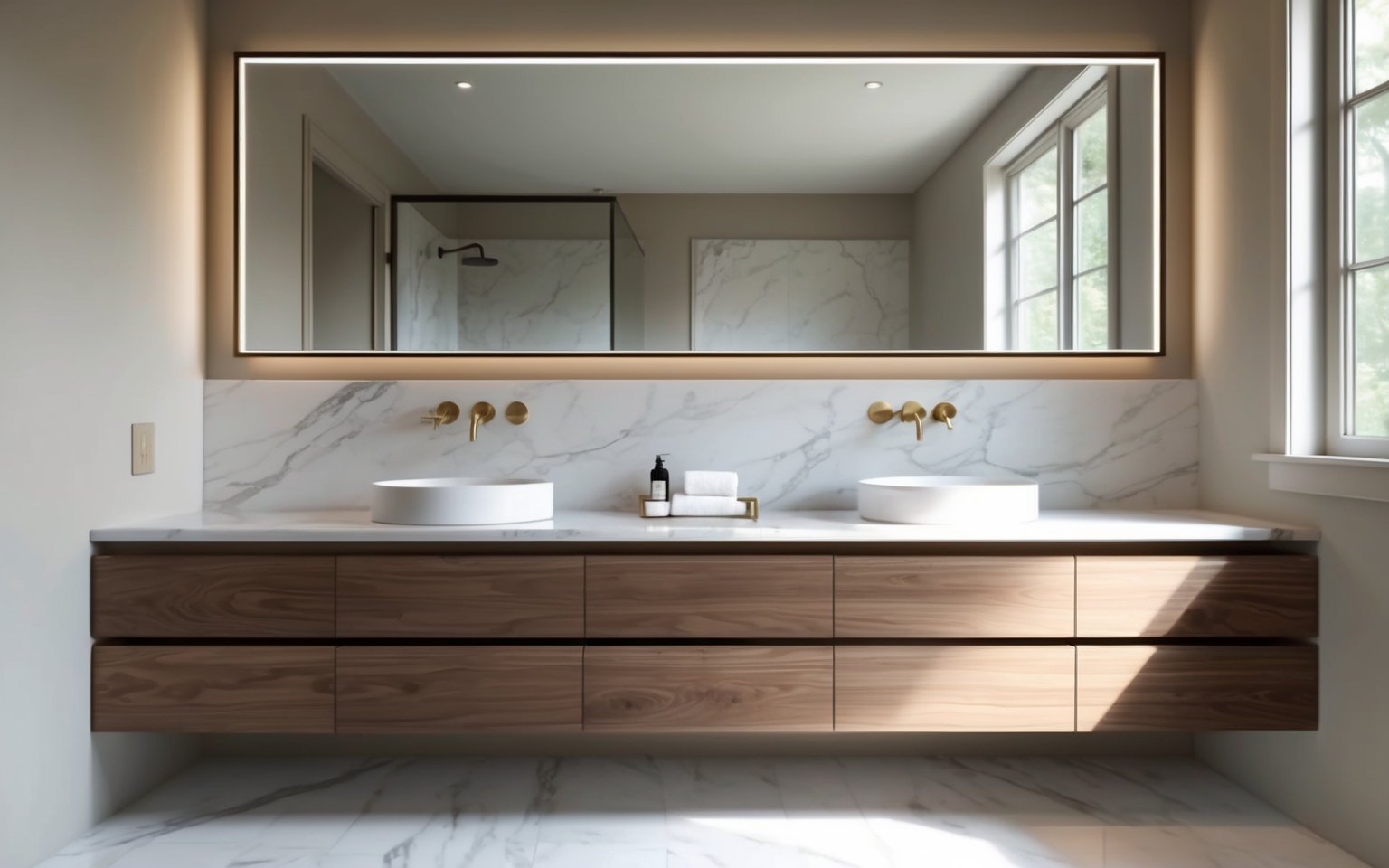 Custom floating wood vanity with marble top and backlit mirror