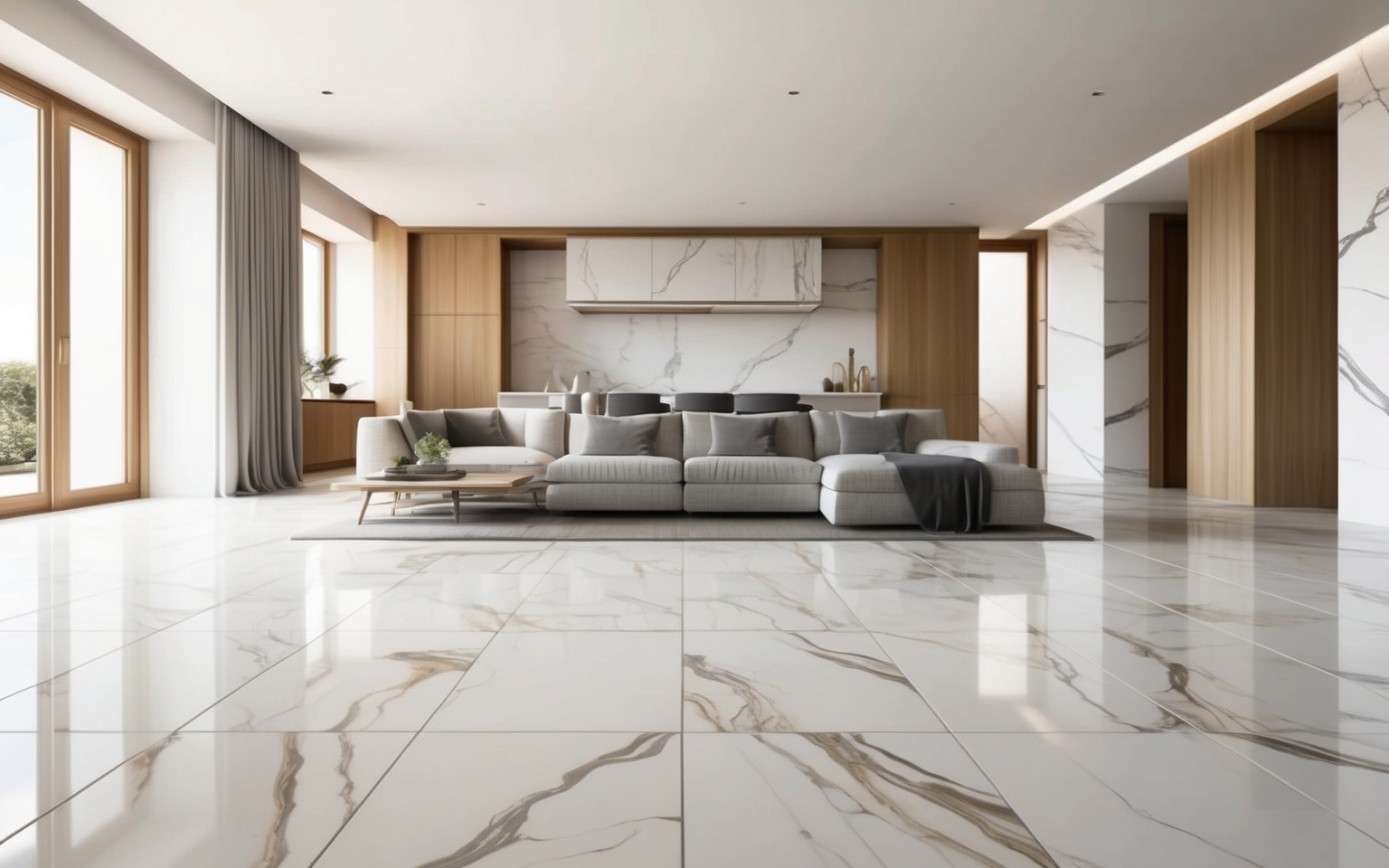 Large-format marble-look porcelain floor tile