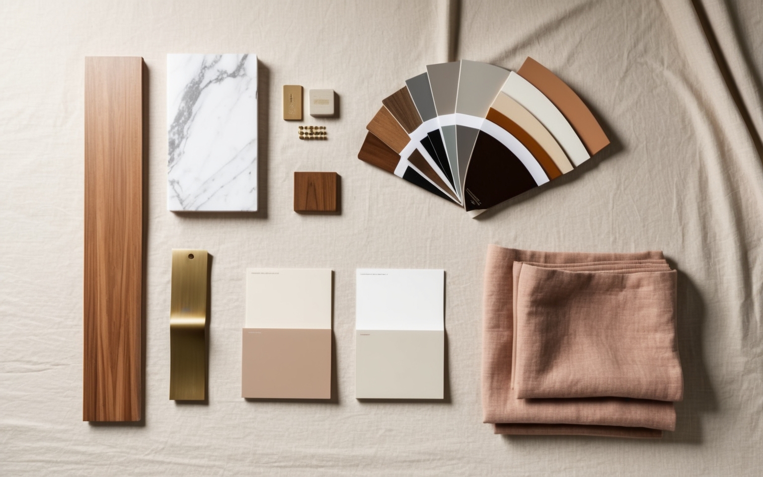 Interior design finish board with marble, wood, brass and paint samples