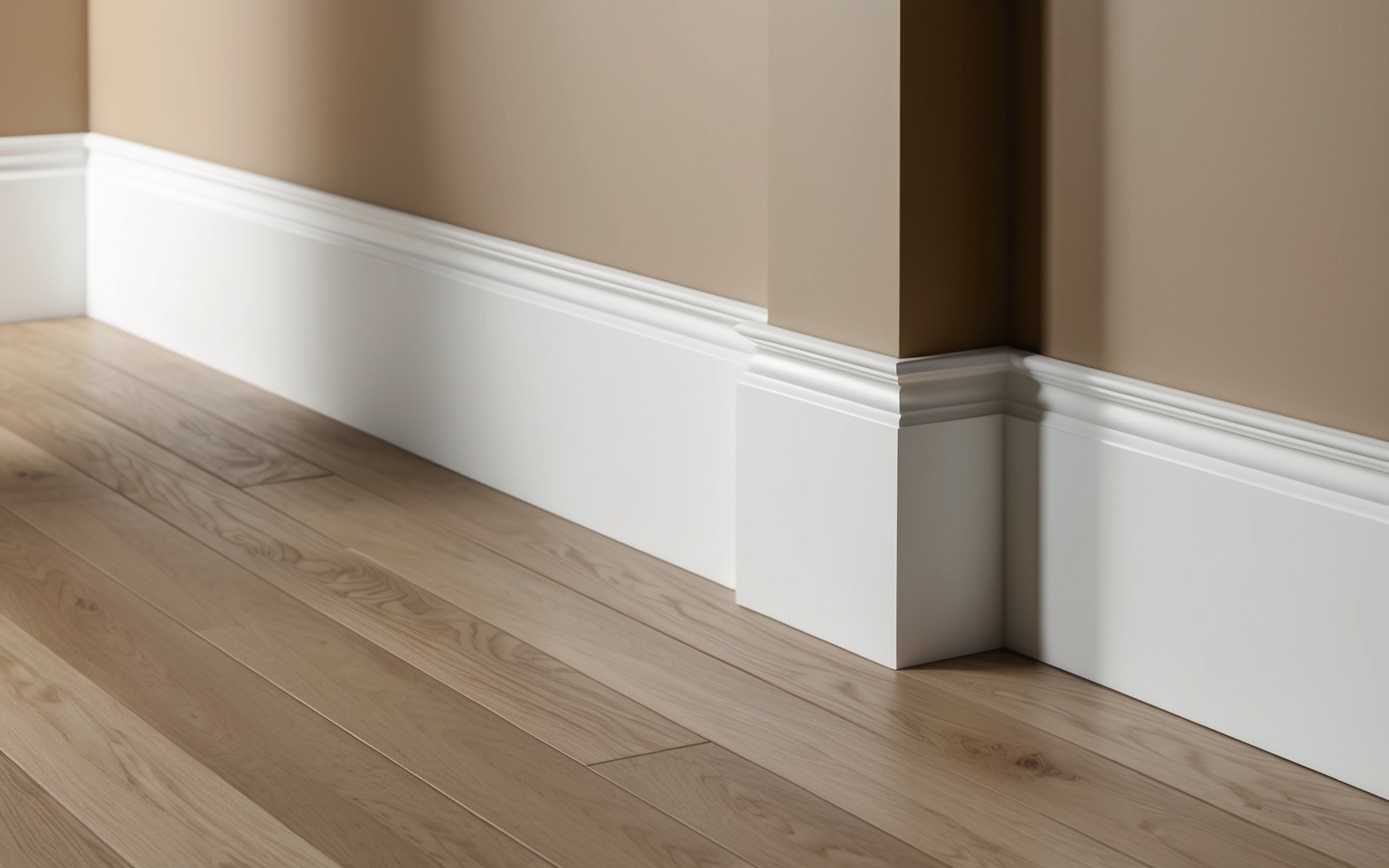 Wide-plank wood floor meeting crisp white baseboards and trim