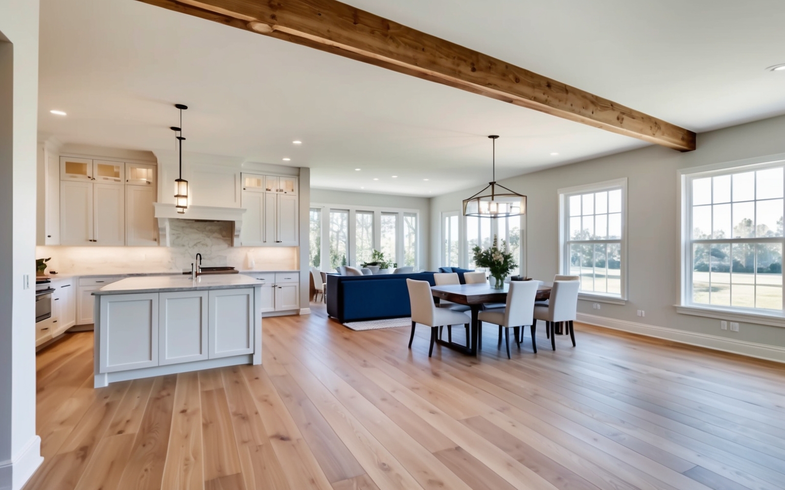 Open-concept great room with an exposed structural beam
