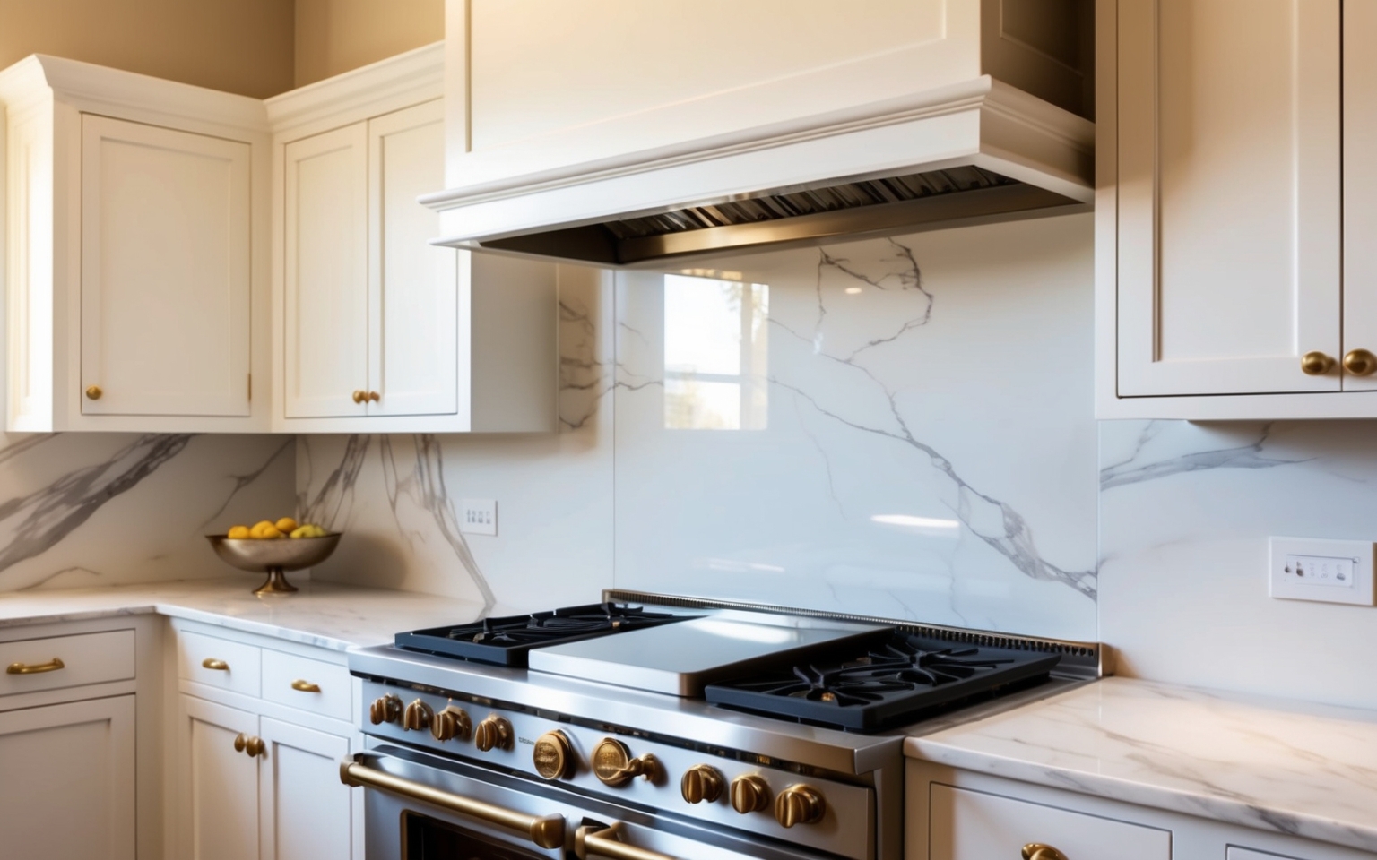 Professional gas range with marble slab backsplash and custom hood