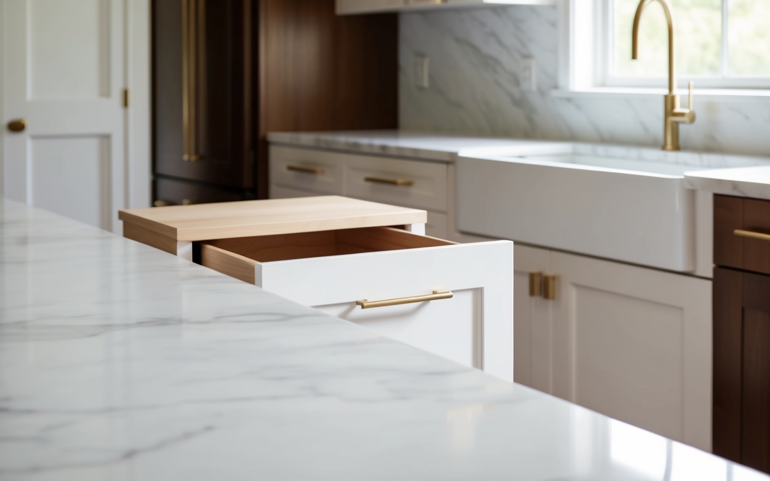 Custom white shaker kitchen cabinetry with brass hardware
