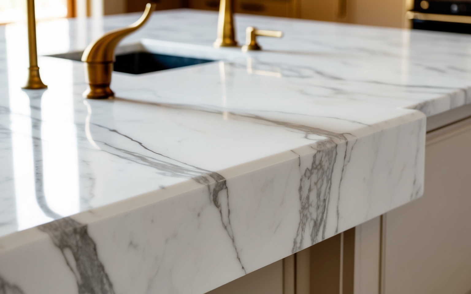White marble waterfall countertop with grey veining