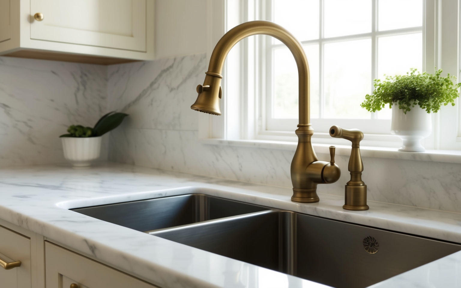 Brass kitchen faucet and undermount sink on marble counter